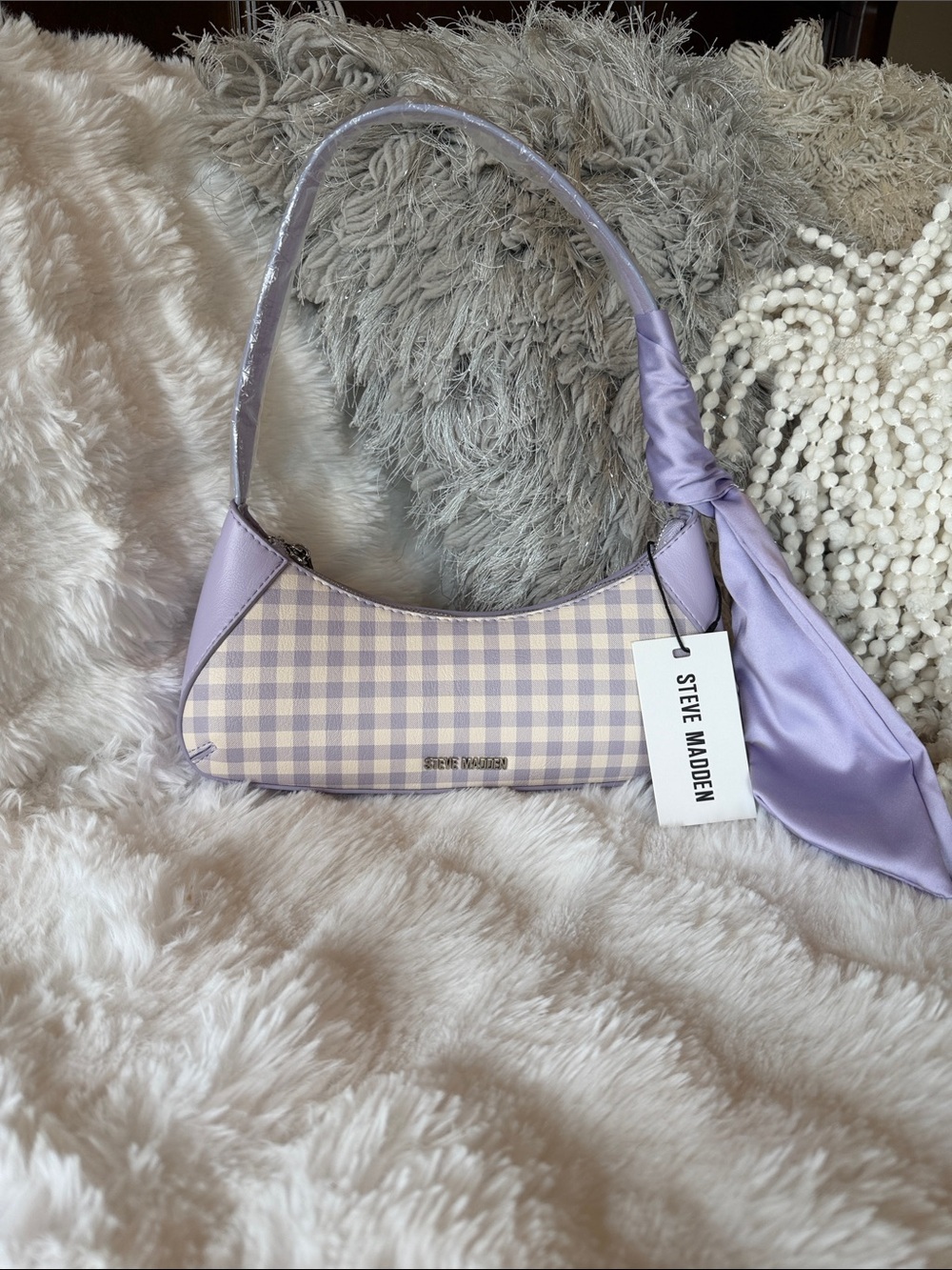 NWT Steve Madden Lilac Gingham Shoulder Bag with Scarf Detail